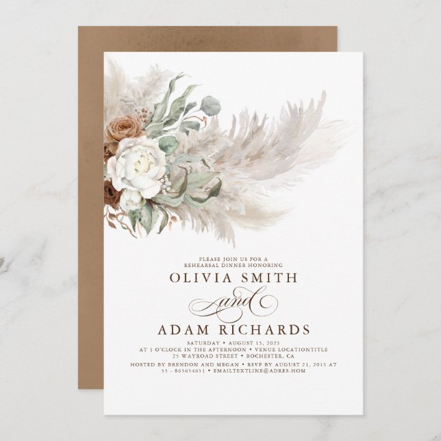 Greenery Floral Pampas Grass Boho Rehearsal Dinner Invitation (Front/Back)