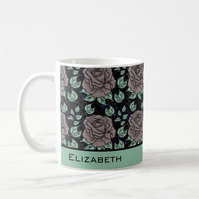 Greenery floral pattern big blossom personalised  coffee mug (Left)