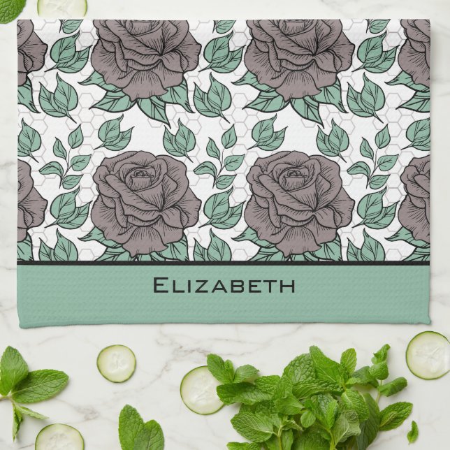 Greenery floral pattern big blossom personalised  tea towel (Folded)