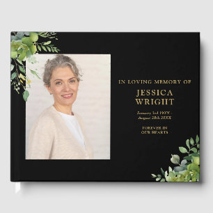 Greenery Floral Photo Funeral Memorial Guest Book