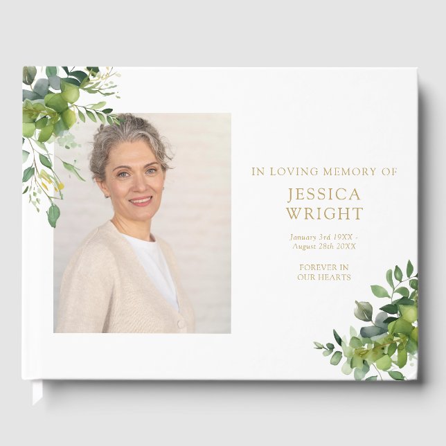 Greenery Floral Photo Funeral Memorial Guest Book (Front)