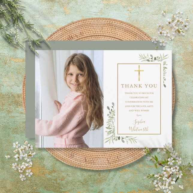 Greenery Floral Photo Gold Confirmation Thank You Card (Greenery Floral Photo Gold Confirmation Thank You Card)