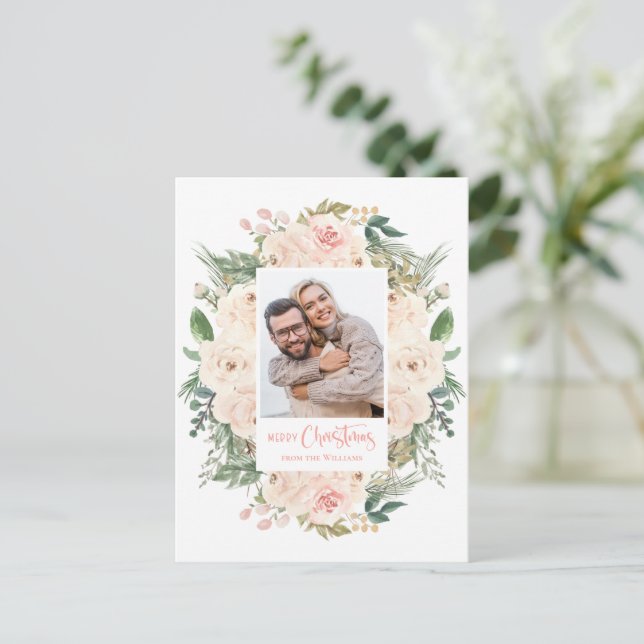 Greenery Floral Photo Merry Christmas Postcard  (Standing Front)