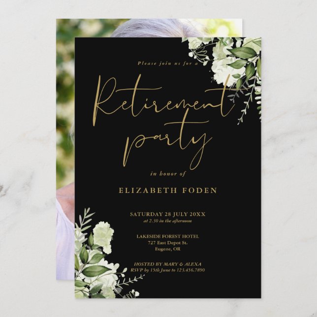 Greenery Floral Photo Script Retirement Party Invitation (Front/Back)