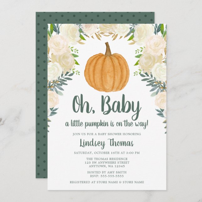 Greenery Floral Pumpkin Fall Baby Shower Invitation (Front/Back)