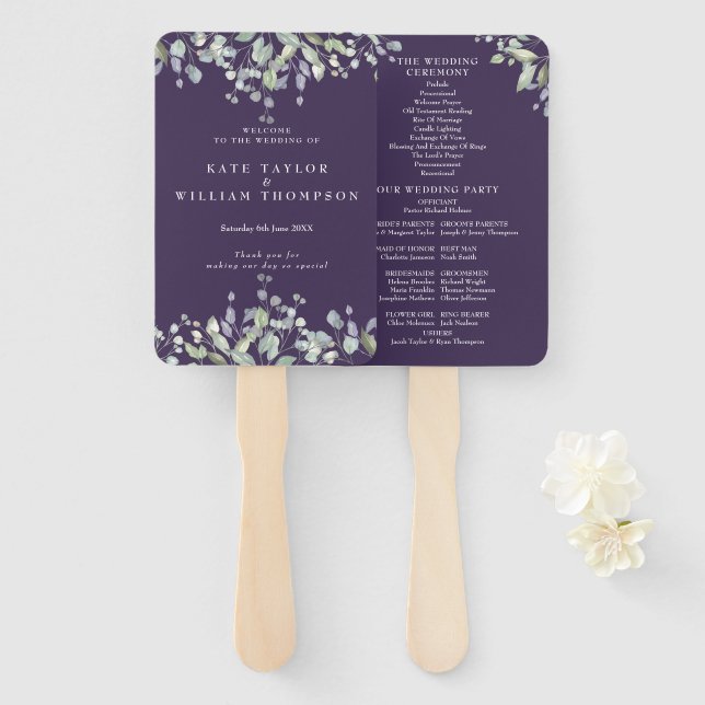 Greenery Floral Purple Wedding Program Hand Fan (Front and Back)