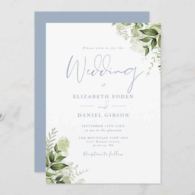 Greenery Floral QR Code Dusty Blue Wedding Invitation (Front/Back)