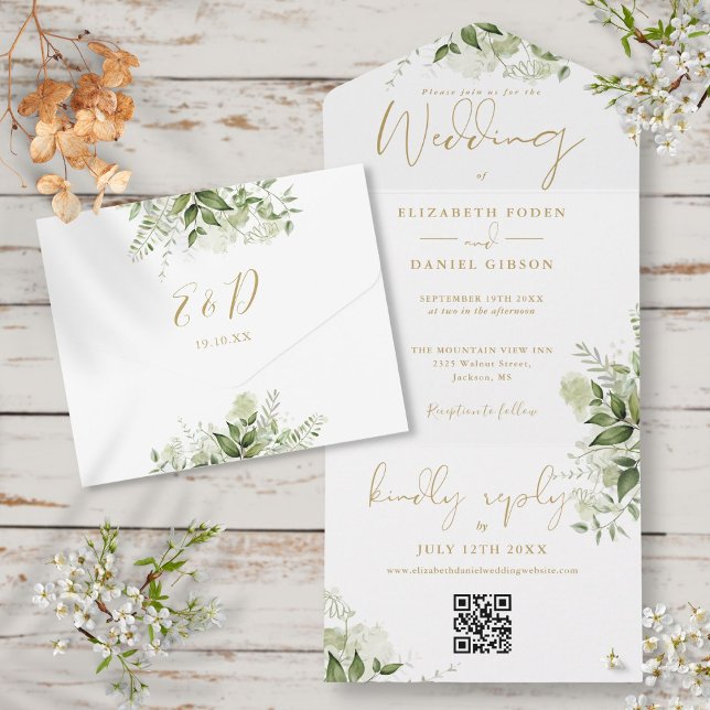 Greenery Floral QR Code Gold Monogram Wedding All In One Invitation (Greenery Floral QR Code Gold Monogram Wedding All In One Invitation)