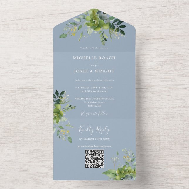 Greenery Floral QR Code Modern Dusty Blue Wedding All In One Invitation (Inside)