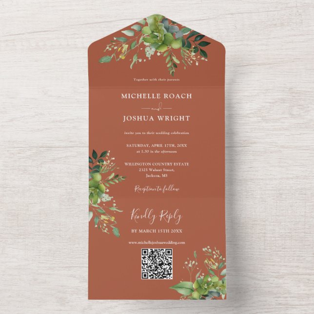 Greenery Floral QR Code Modern Terracotta Wedding All In One Invitation (Inside)