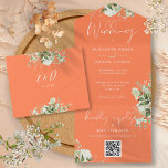 Greenery Floral QR Code Monogram Coral Wedding All In One Invitation<br><div class="desc">All in one wedding invitation featuring botanical greenery rustic leaves,  and elegant typography on a coral background. The invitation includes a perforated RSVP card featuring a QR code. Designed by Thisisnotme©</div>