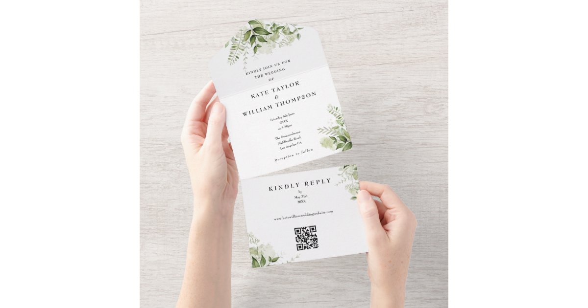 Greenery Floral QR Code Monogram Wedding All In One Invitation | Zazzle