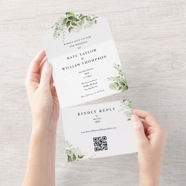Greenery Floral QR Code Monogram Wedding All In One Invitation (Tearaway)