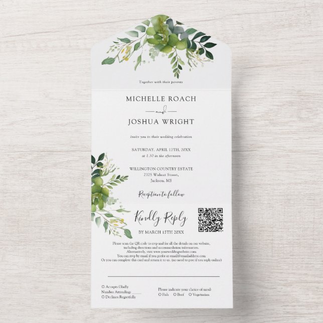 Greenery Floral QR Code Monogram Wedding All In One Invitation (Inside)