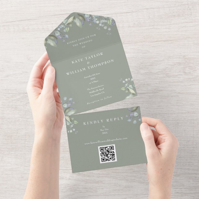 Greenery Floral QR Code Sage Green Wedding All In One Invitation (Tearaway)