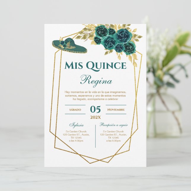 Greenery Floral Quinceañera Spanish Invitation (Standing Front)