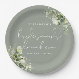 Greenery Floral Sage Green Bridesmaids Luncheon Paper Plate