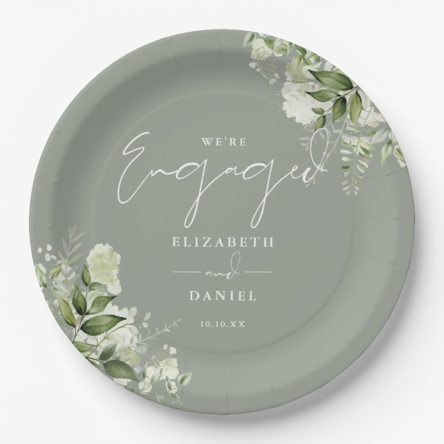 Greenery Floral Sage Green Engagement Party Paper Plate (Front)