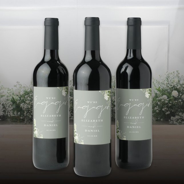 Greenery Floral Sage Green Engagement Party Wine Label (Greenery Floral Sage Green Engagement Party Wine Label)