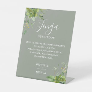 Greenery Floral Sage Green Jenga Wedding Guestbook Pedestal Sign