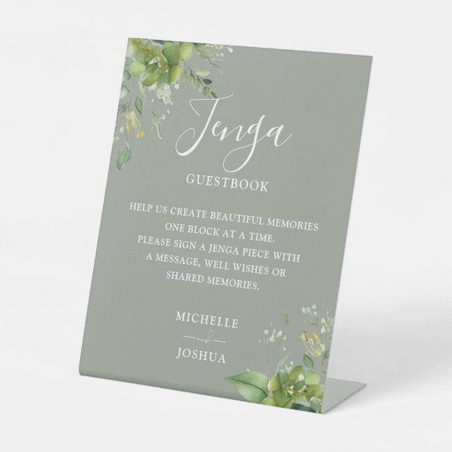 Greenery Floral Sage Green Jenga Wedding Guestbook Pedestal Sign (Front)