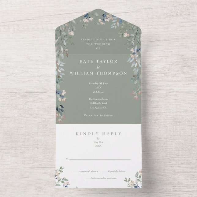 Greenery Floral Sage Green Wedding All In One Invitation (Inside)