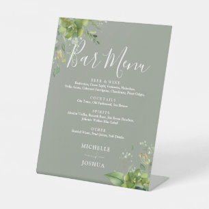 Greenery Floral Sage Green Wedding Bar Menu Pedestal Sign