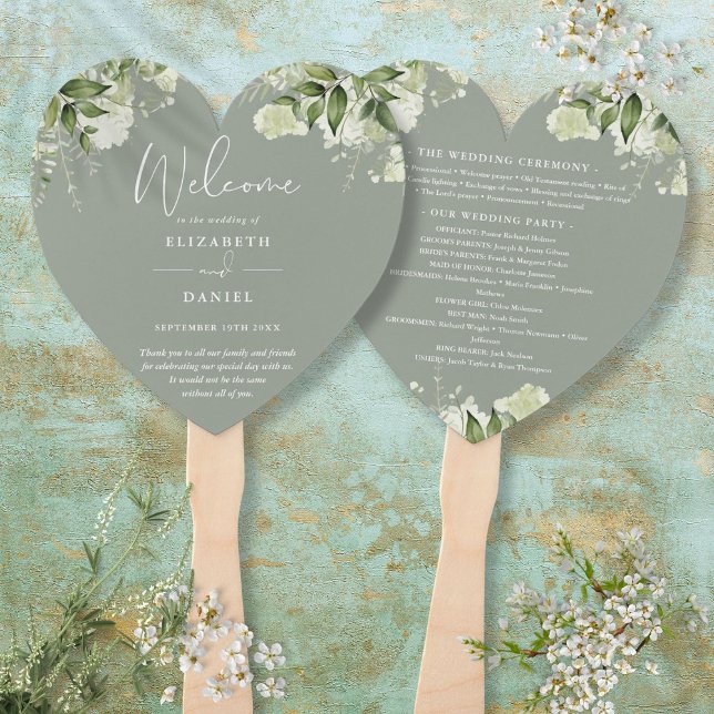 Greenery Floral Sage Green Wedding Program Heart Hand Fan (Greenery Floral Sage Green Wedding Program Heart Hand Fan)