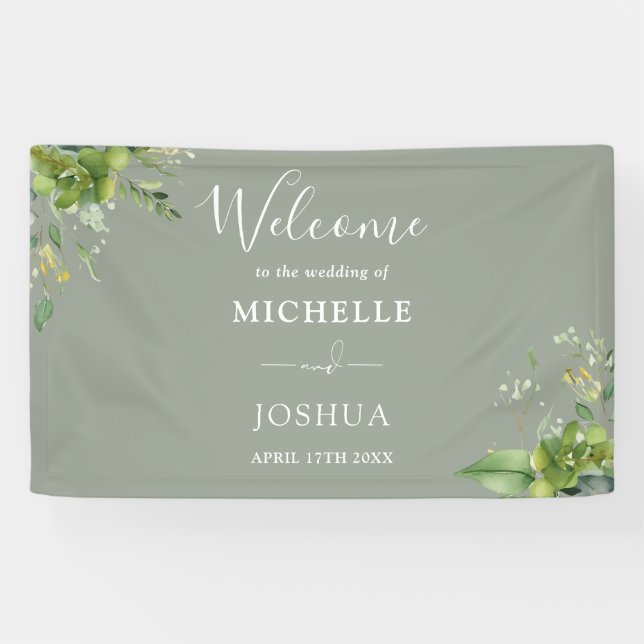 Greenery Floral Sage Green Wedding Welcome Banner (Horizontal)