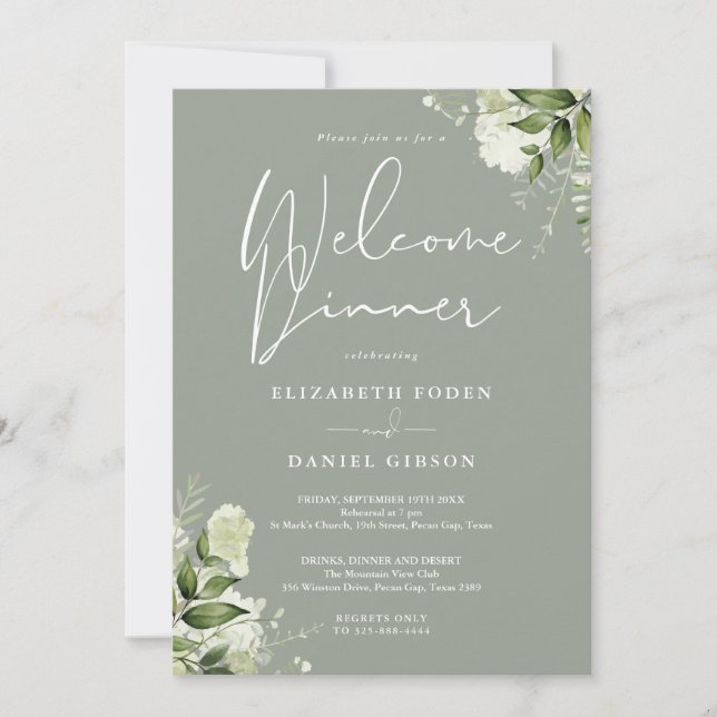 Greenery Floral Sage Green Welcome Dinner Invitation (Front)