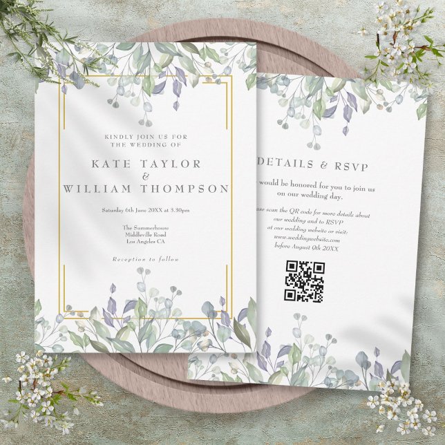 Greenery Floral Sage Lilac QR Code Wedding Invitation (Greenery Floral Sage Lilac QR Code Wedding Invitation)