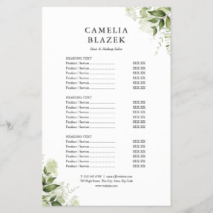 Greenery Floral Salon Service Menu Price List