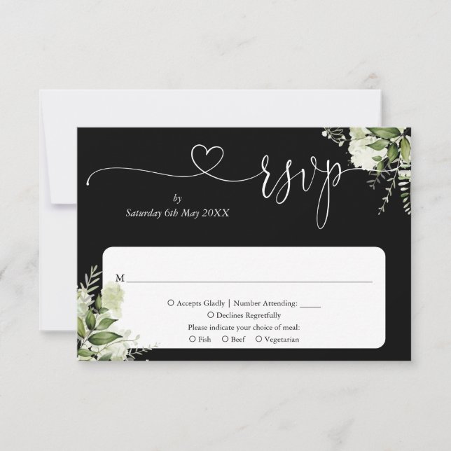 Greenery Floral Script Heart Black And White RSVP Card (Front)