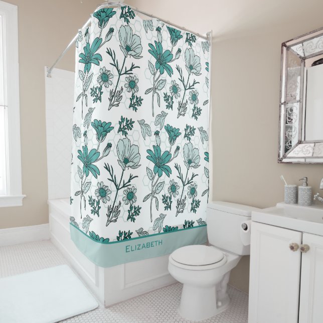 Greenery floral seamless pattern personalised name shower curtain (In Situ)