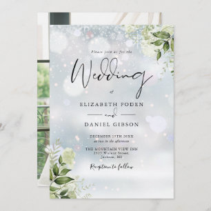 Greenery Floral Snowflakes Photo Winter Wedding Invitation