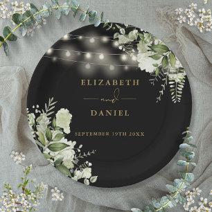 Greenery Floral String Lights Black Gold Wedding Paper Plate