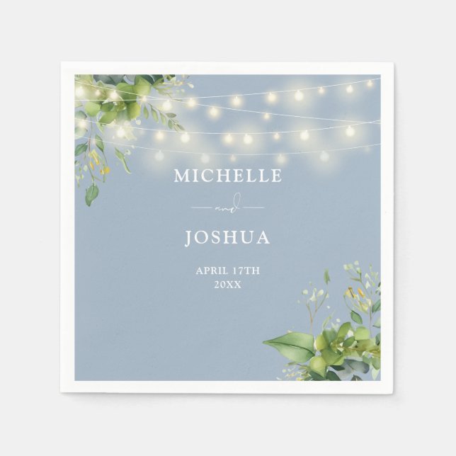 Greenery Floral String Lights Dusty Blue Wedding Napkin (Front)
