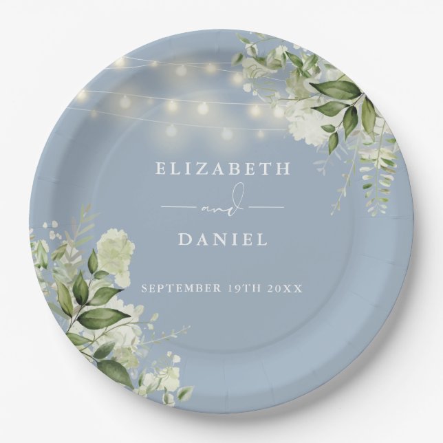 Greenery Floral String Lights Dusty Blue Wedding Paper Plate (Front)