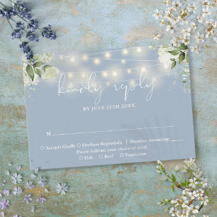 Greenery Floral String Lights Dusty Blue Wedding RSVP Card