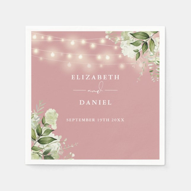 Greenery Floral String Lights Dusty Rose Wedding Napkin (Front)