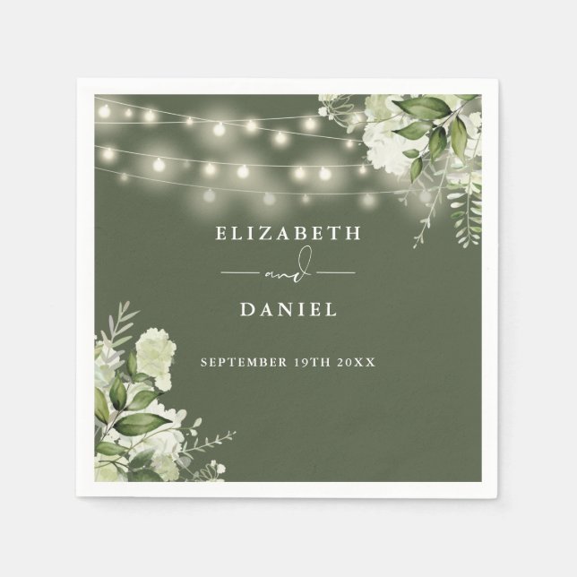 Greenery Floral String Lights Olive Green Wedding Napkin (Front)