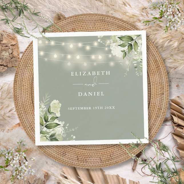 Greenery Floral String Lights Sage Green Wedding Napkin (Greenery Floral String Lights Sage Green Wedding Napkins)