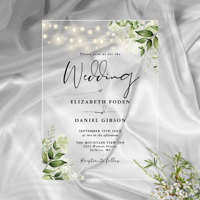 Greenery Floral String Lights Script Wedding Acrylic Invitations (Greenery Floral String Lights Script Wedding Acrylic Invitations)