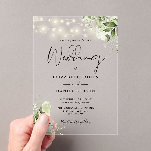 Greenery Floral String Lights Script Wedding Acrylic Invitations (Insitu (Handheld))