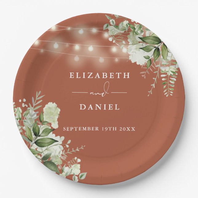 Greenery Floral String Lights Terracotta Wedding Paper Plate (Front)