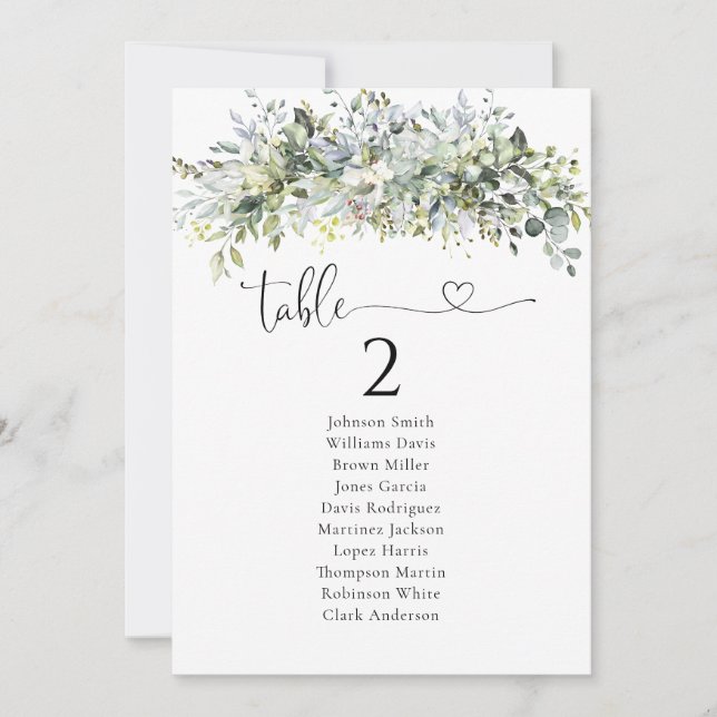 Greenery Floral Table Seating Chart Card (Front)