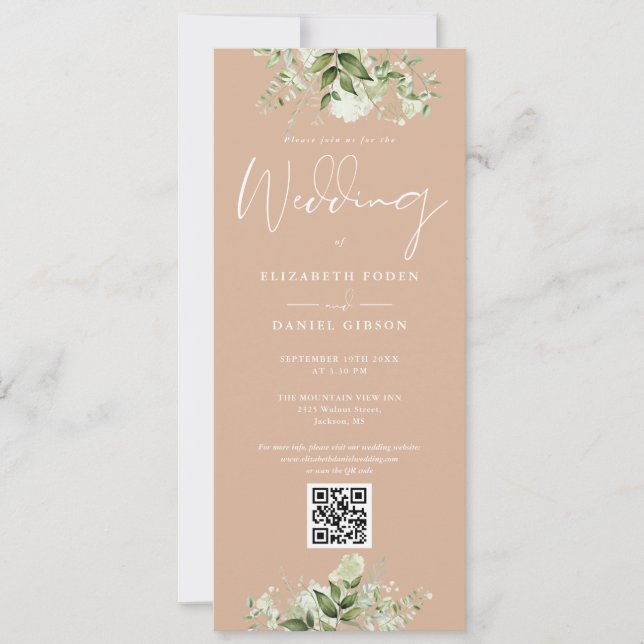 Greenery Floral Tan QR Code Wedding Invitation (Front)