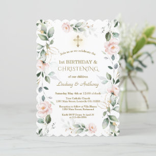 Greenery Floral Twins 1st Birthday & Christening  Invitation