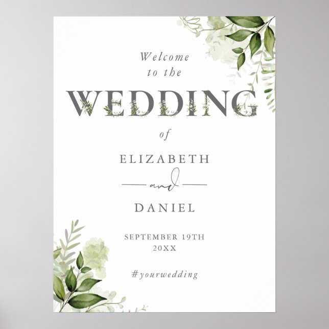 Greenery Floral Typography Wedding Welcome Sign (Front)