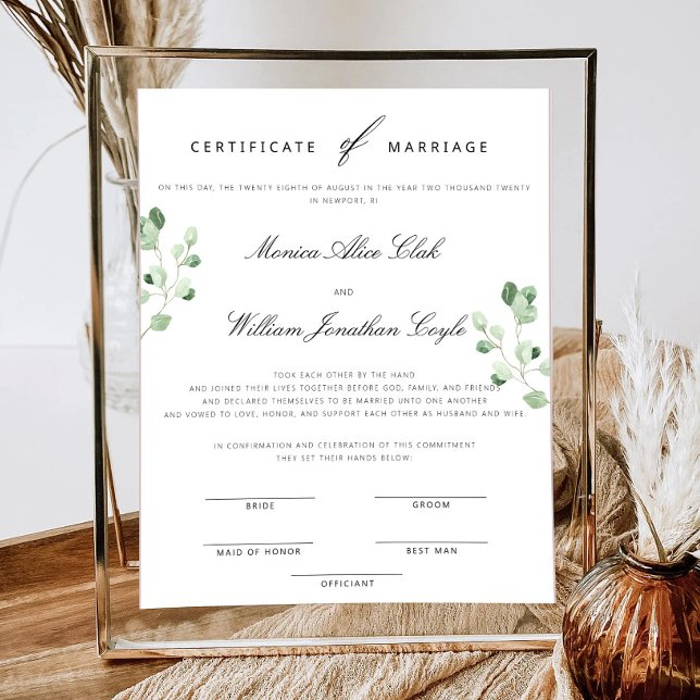 Greenery Floral Wedding Certificate Of Marriage Poster (Creator Uploaded)